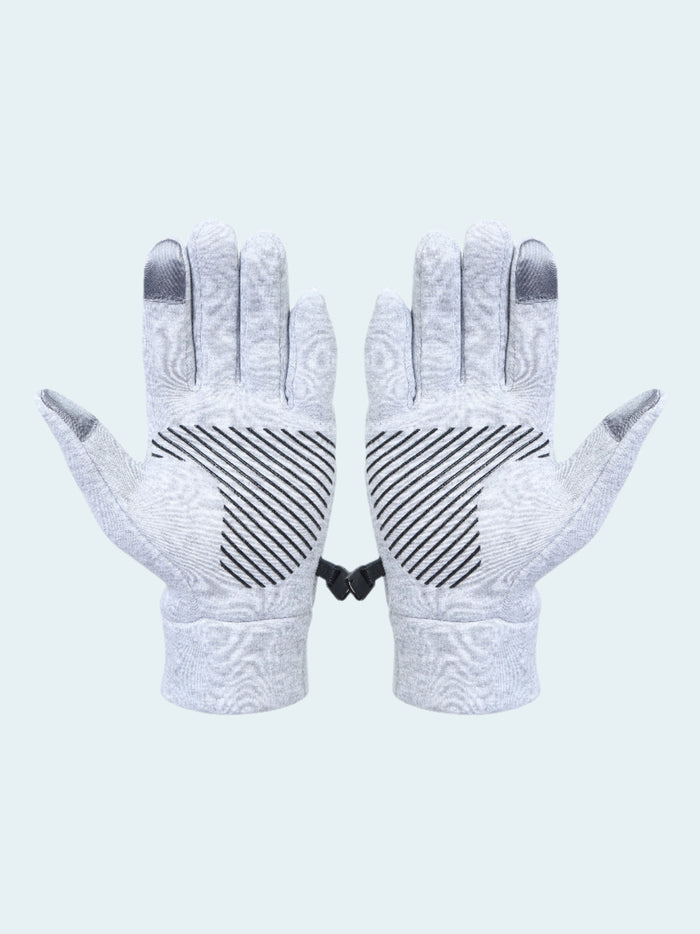 Pair of gray gloves with black pattern on a white background