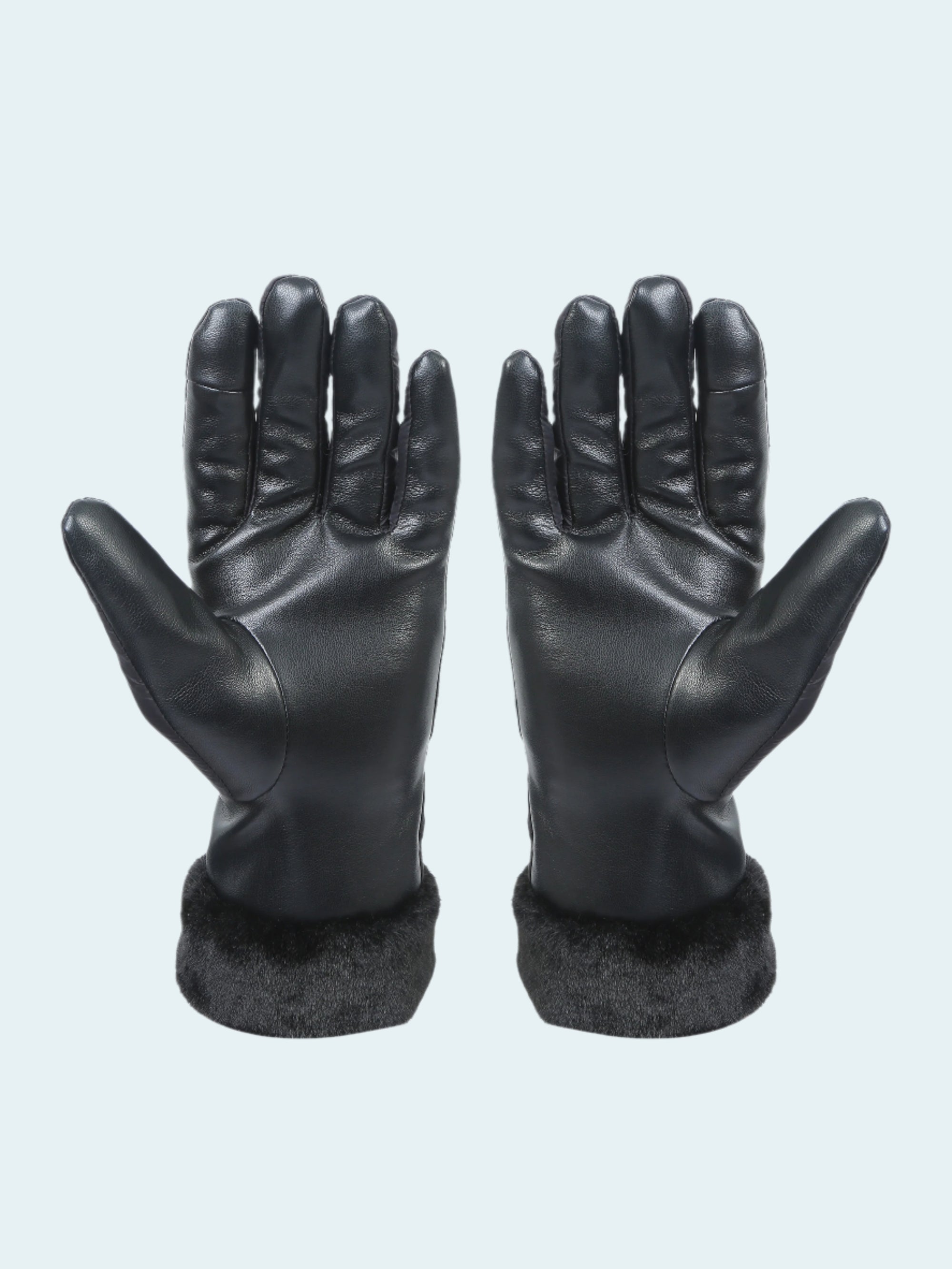 Pair of black leather gloves with fur cuffs on a white background