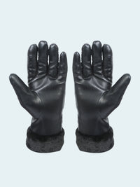Pair of black leather gloves with fur cuffs on a white background