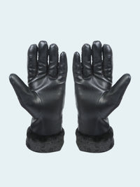 Pair of black leather gloves with fur cuffs on a white background