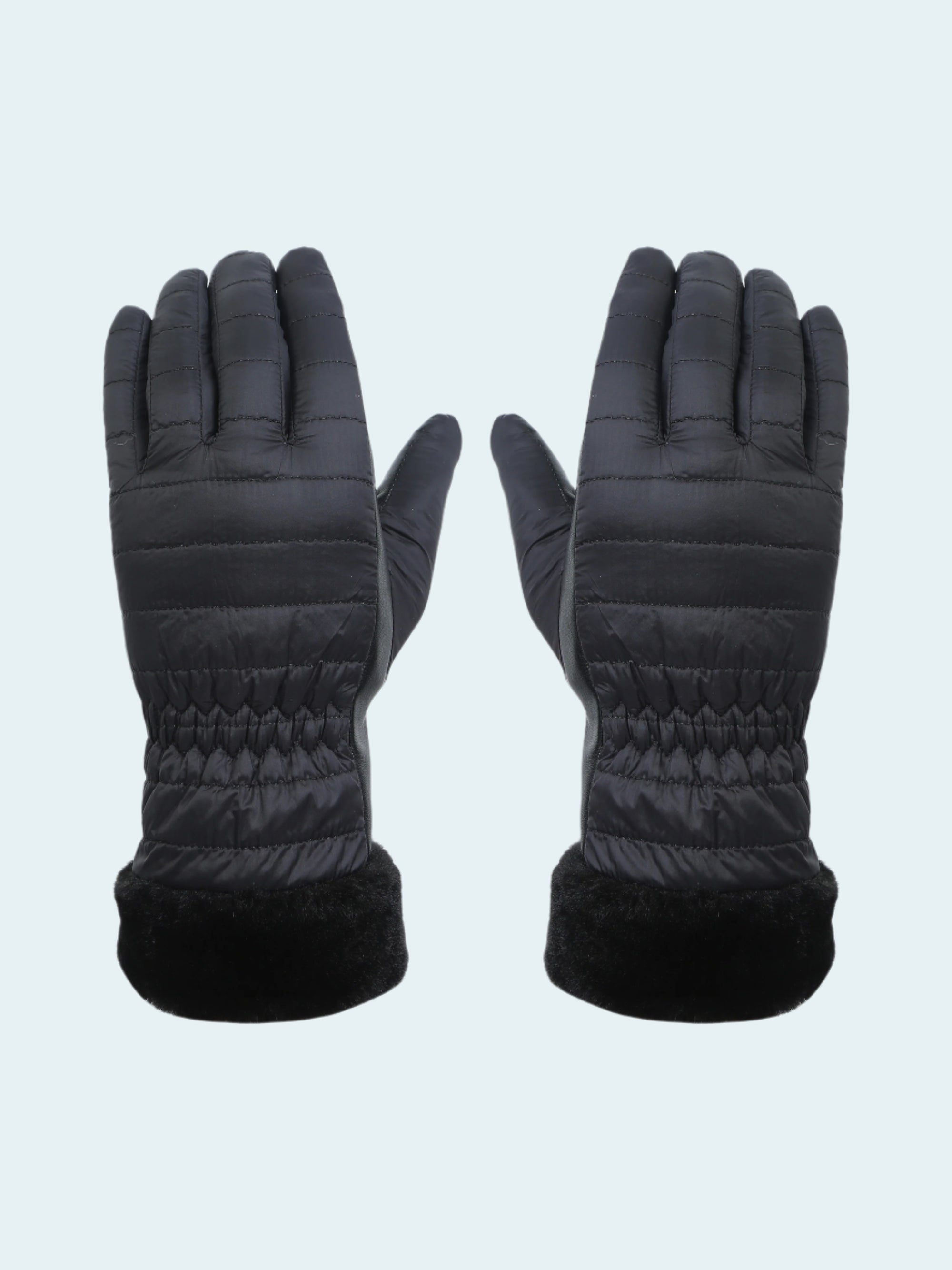Pair of black gloves with quilted design on a white background