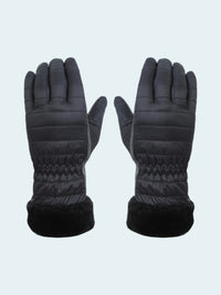 Pair of black gloves with quilted design on a white background