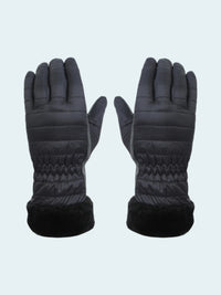 Pair of black gloves with quilted design on a white background