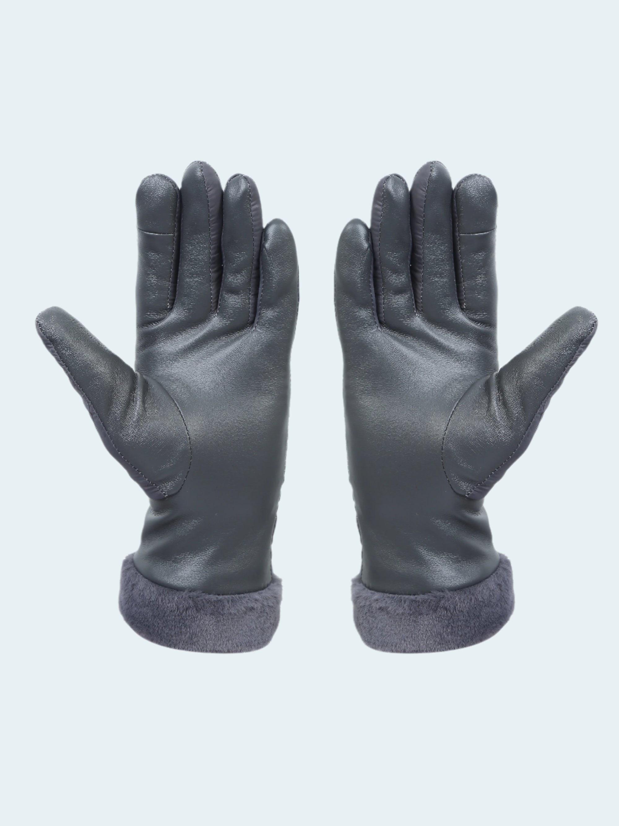 Pair of gray leather gloves with fleece lining on a white background