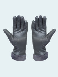 Pair of gray leather gloves with fleece lining on a white background