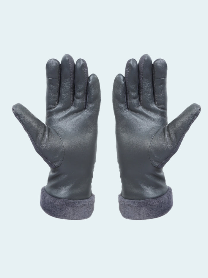 Pair of gray leather gloves with fleece lining on a white background