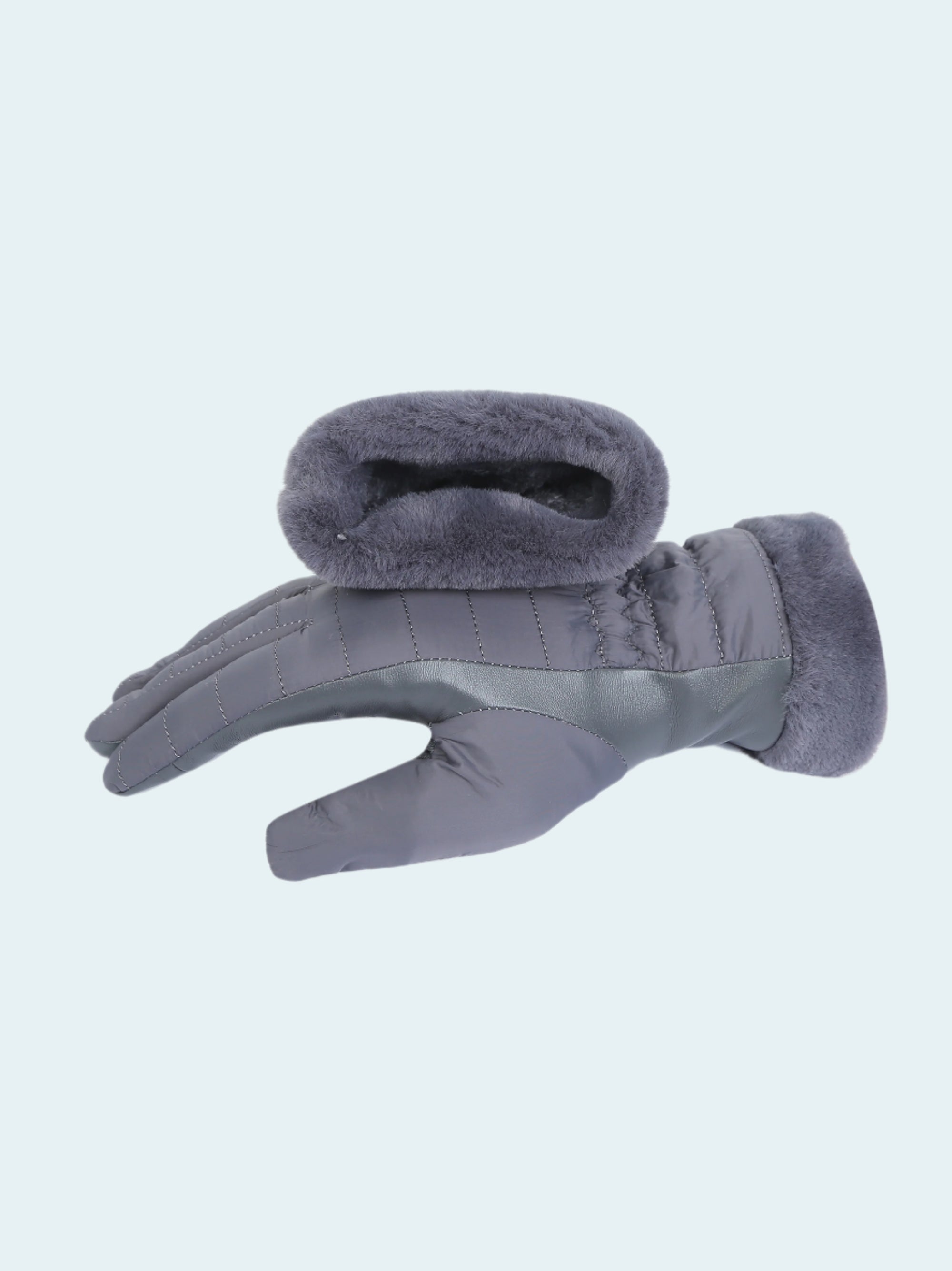 Gray glove with fur lining on a white background