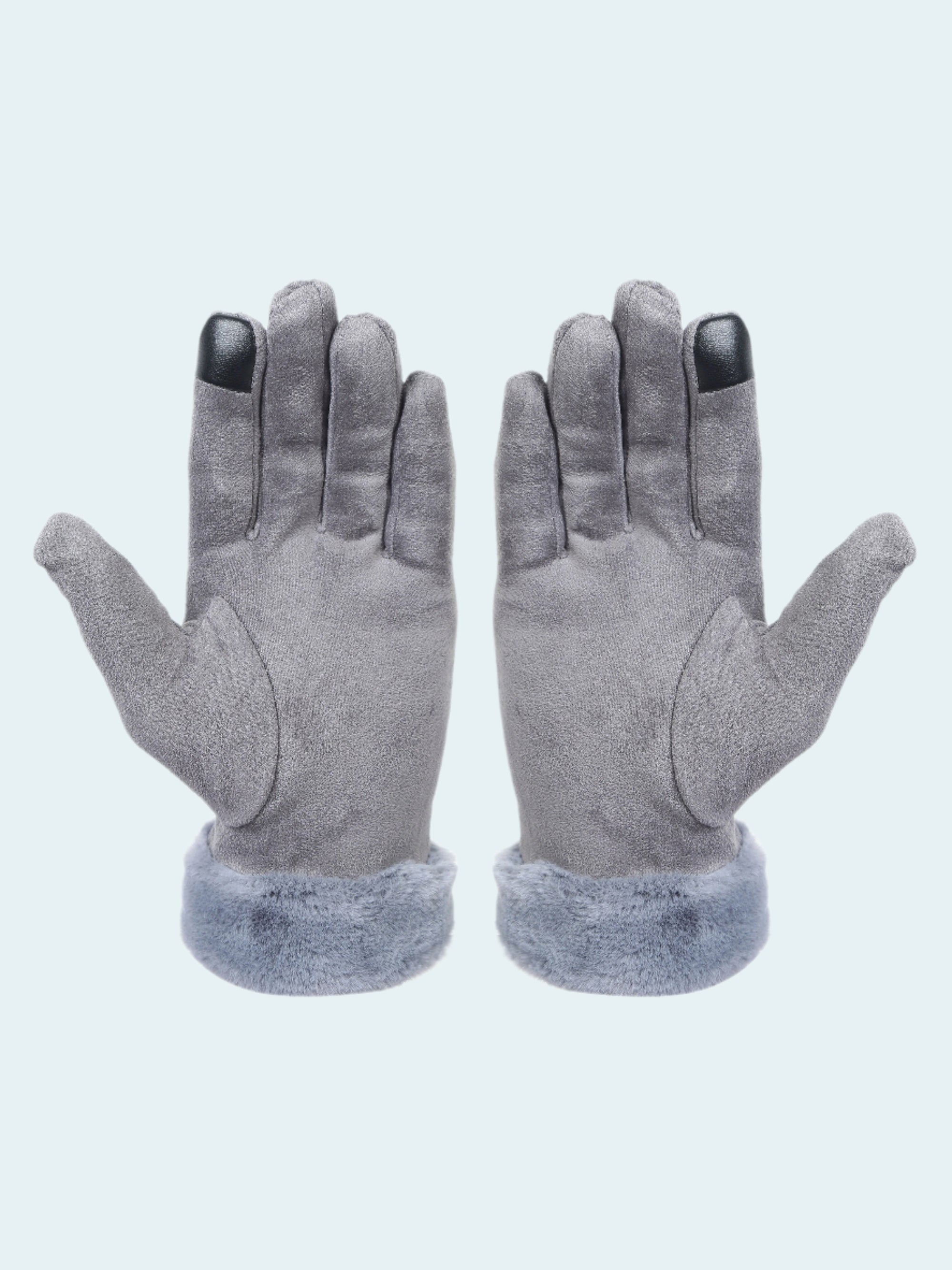 Pair of gray gloves with black tips on a white background