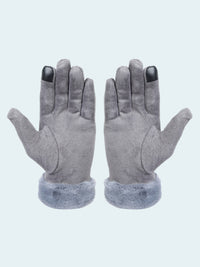 Pair of gray gloves with black tips on a white background