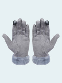 Pair of gray gloves with black tips on a white background