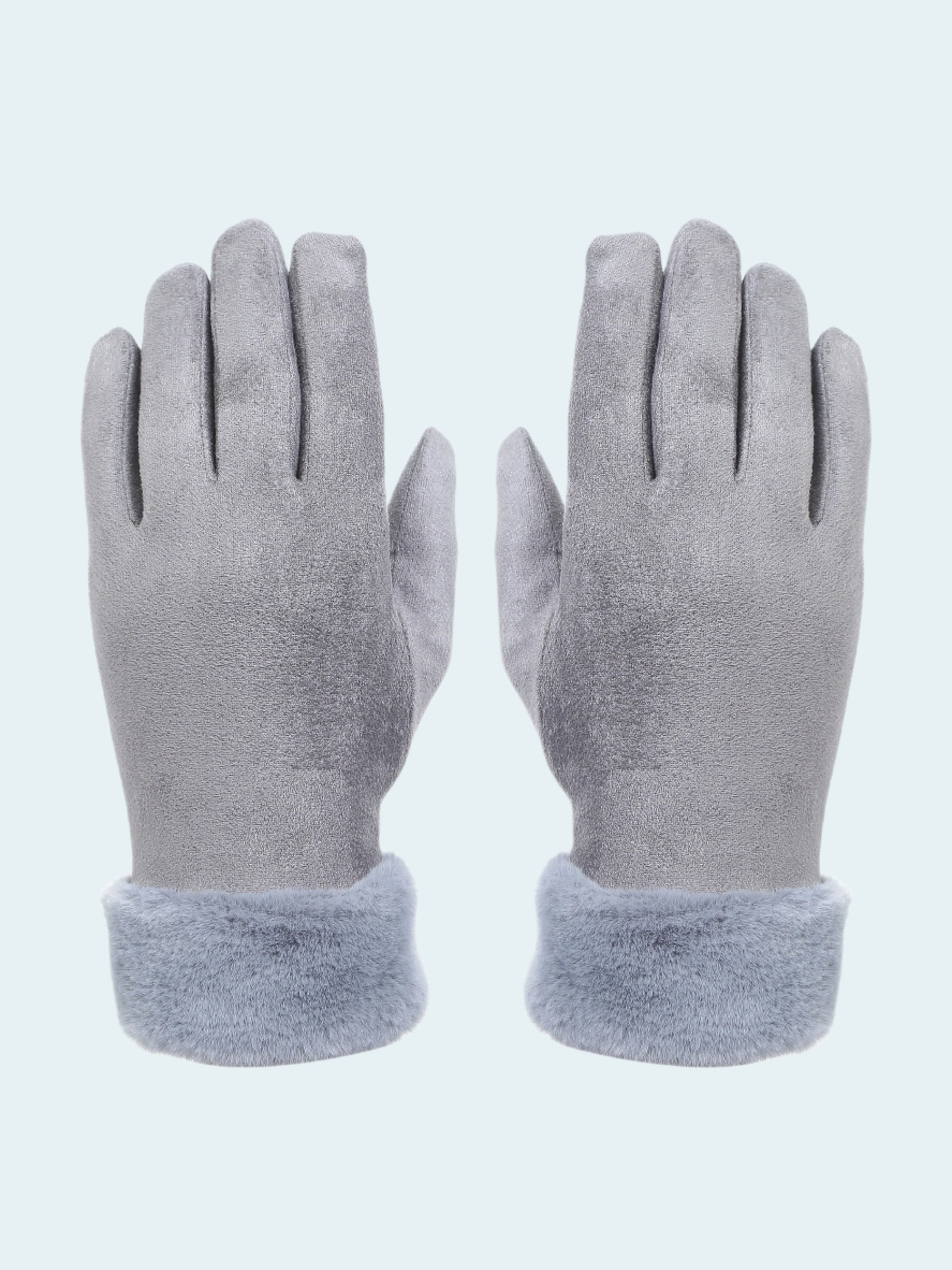Pair of gray gloves with fleece lining on a white background