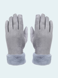 Pair of gray gloves with fleece lining on a white background