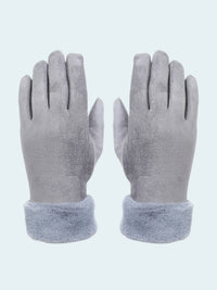Pair of gray gloves with fleece lining on a white background