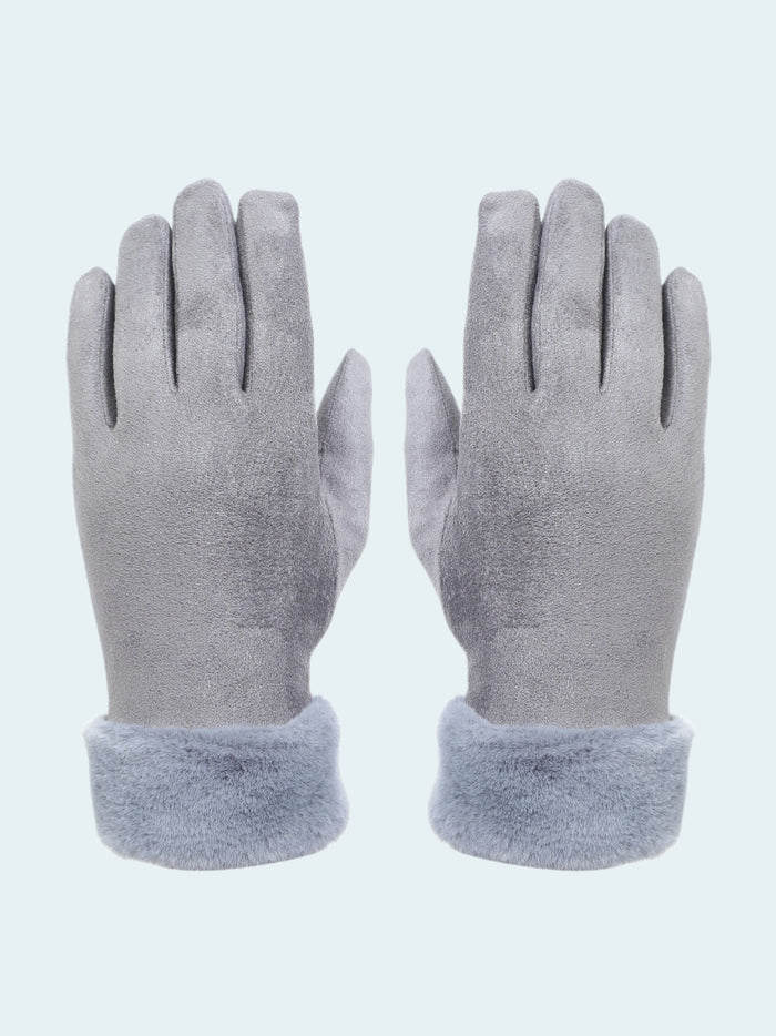 Pair of gray gloves with fleece lining on a white background