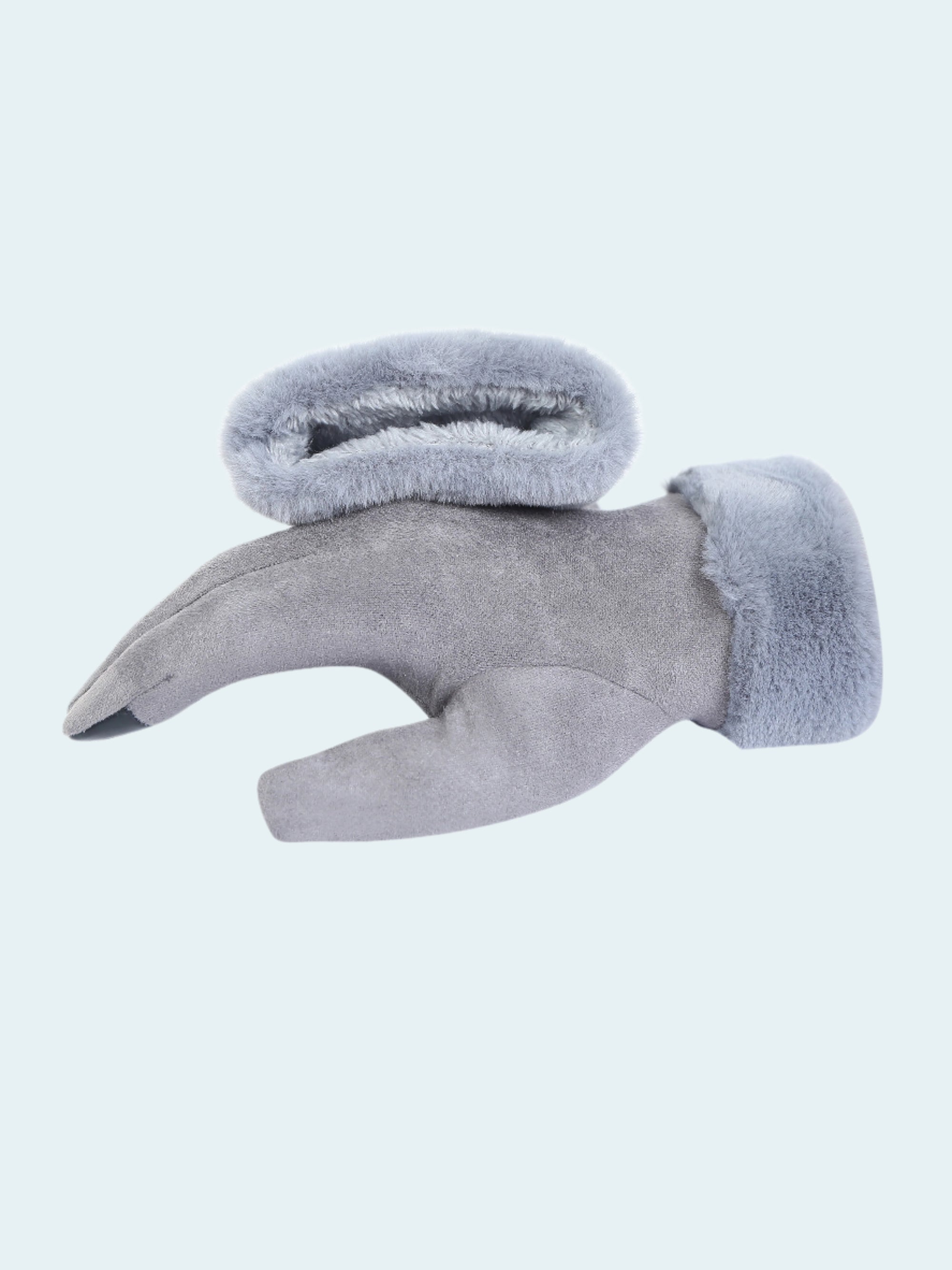 Gray glove with fur cuff on a white background