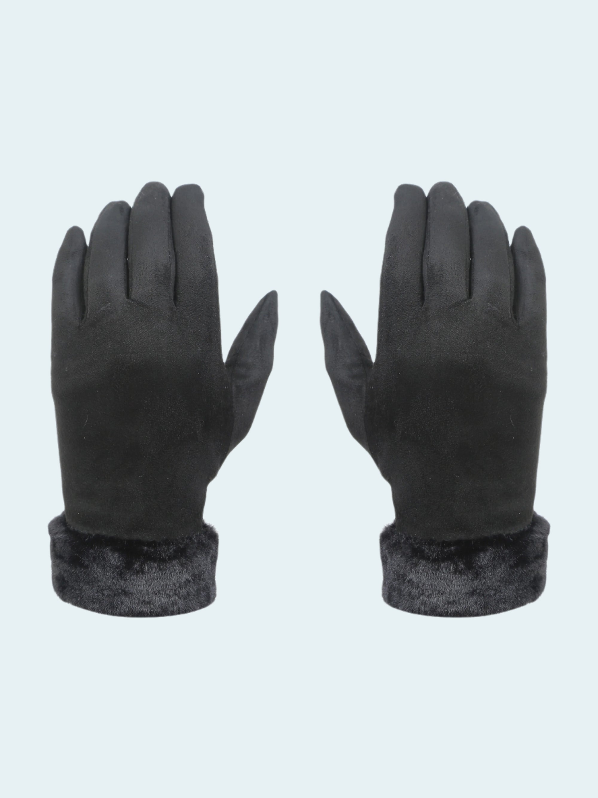 Pair of black gloves with gray cuffs on a white background