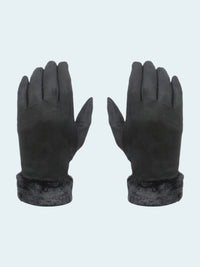 Pair of black gloves with gray cuffs on a white background