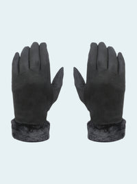 Pair of black gloves with gray cuffs on a white background