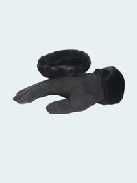 Black glove with fur trim on a white background