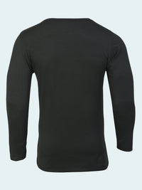 Black long-sleeve base layer top on a white background