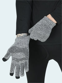 Person wearing gray gloves with black tips on a white background