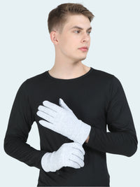 Man wearing a black long-sleeve shirt and white gloves on a light gray background