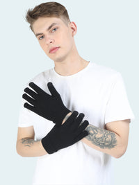 Person wearing black gloves on a white background