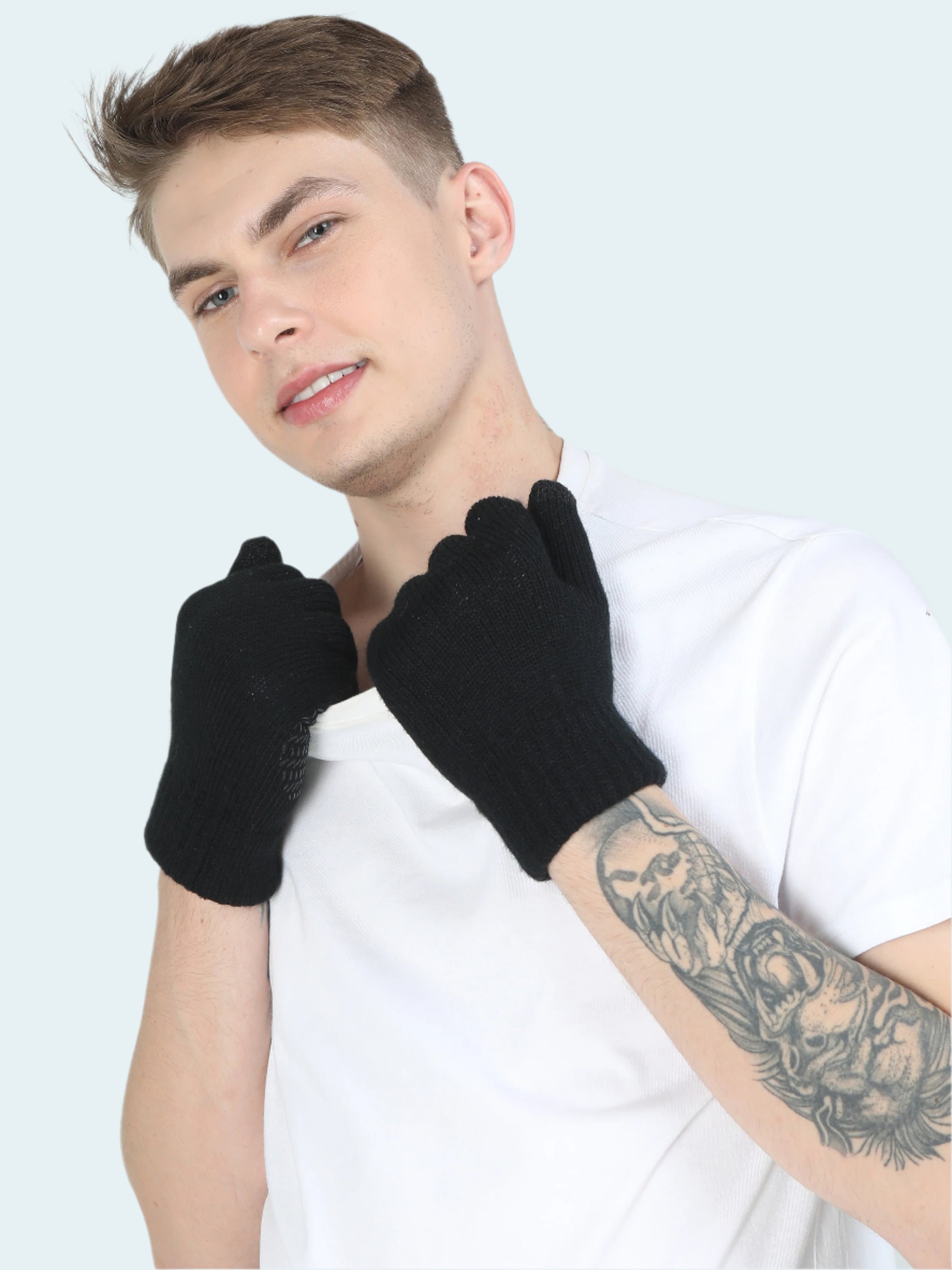 Man wearing black gloves on a white background
