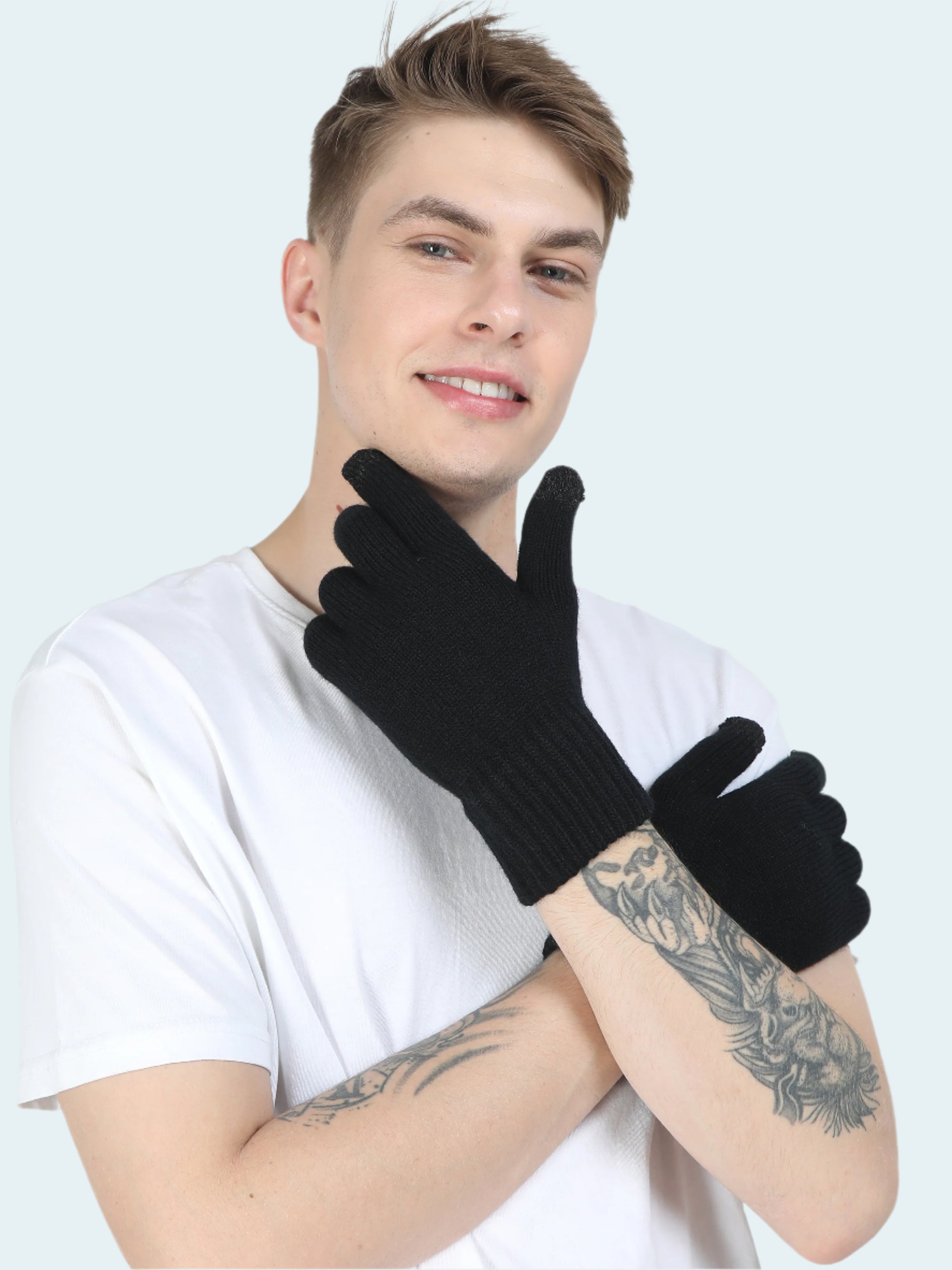 Person wearing black gloves on a white background