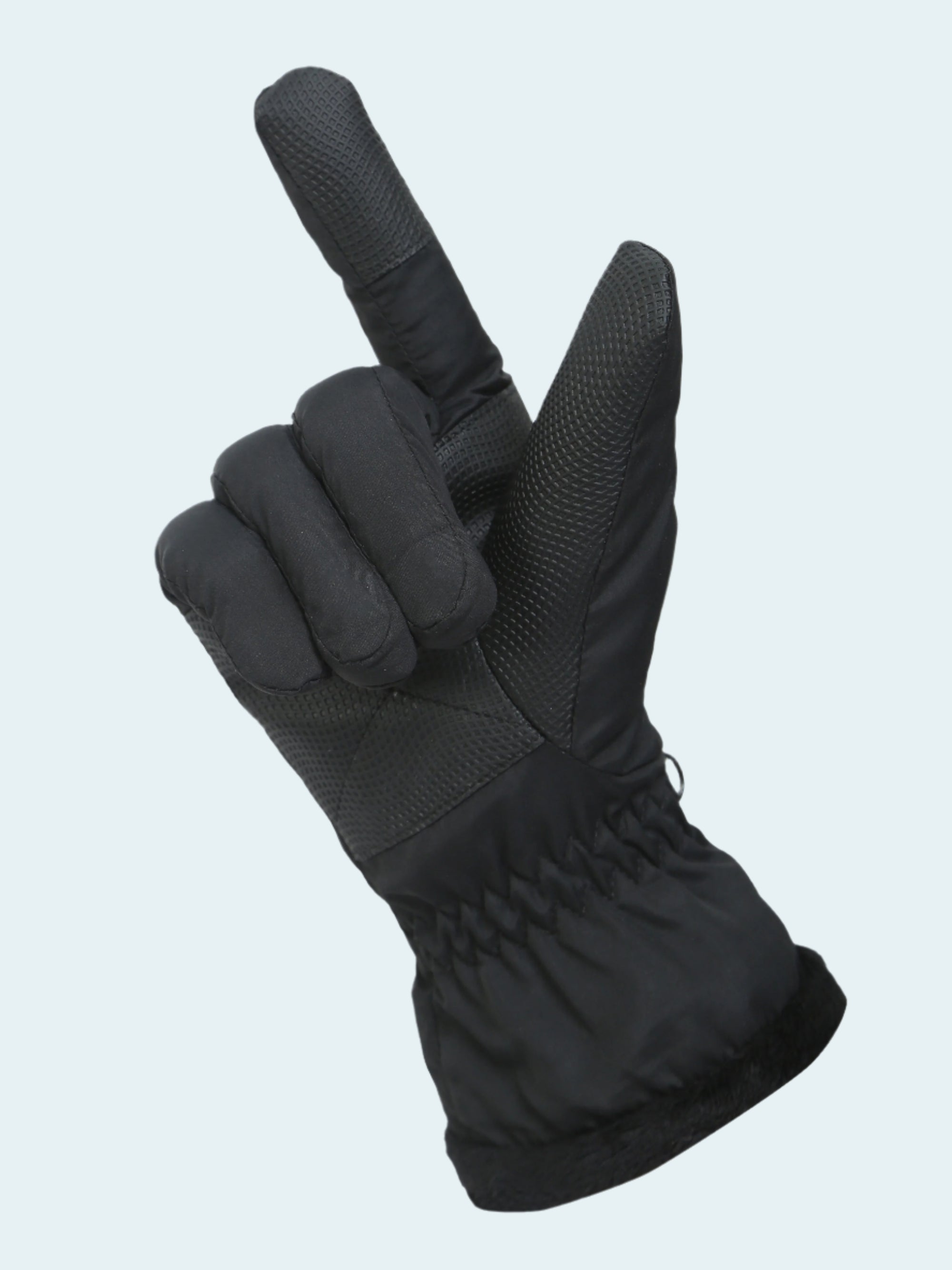 Black glove making a peace sign on a white background