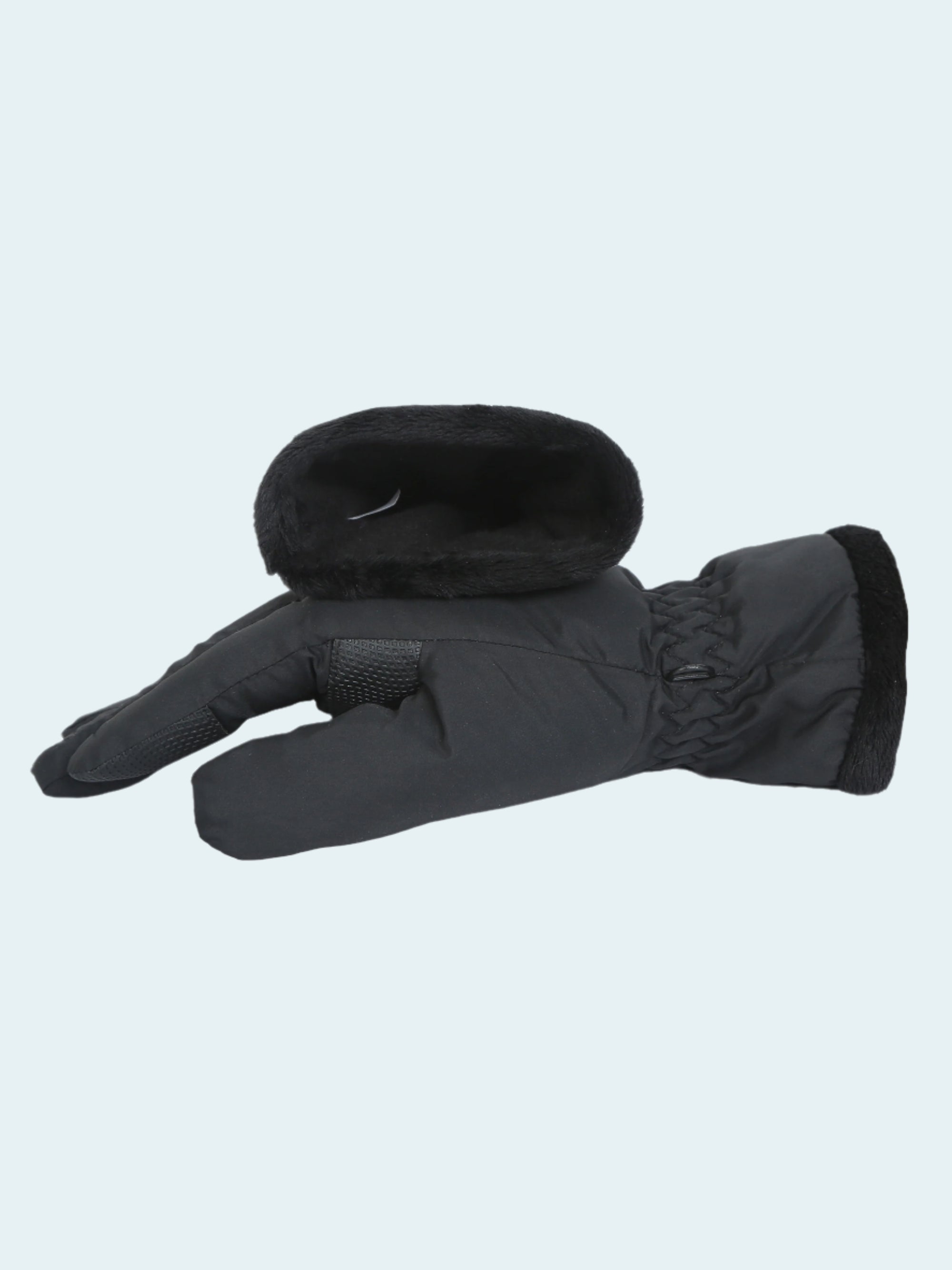 Black glove with fur lining on a white background