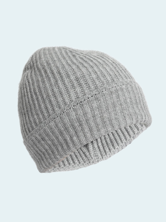 Gray knit beanie on a white background