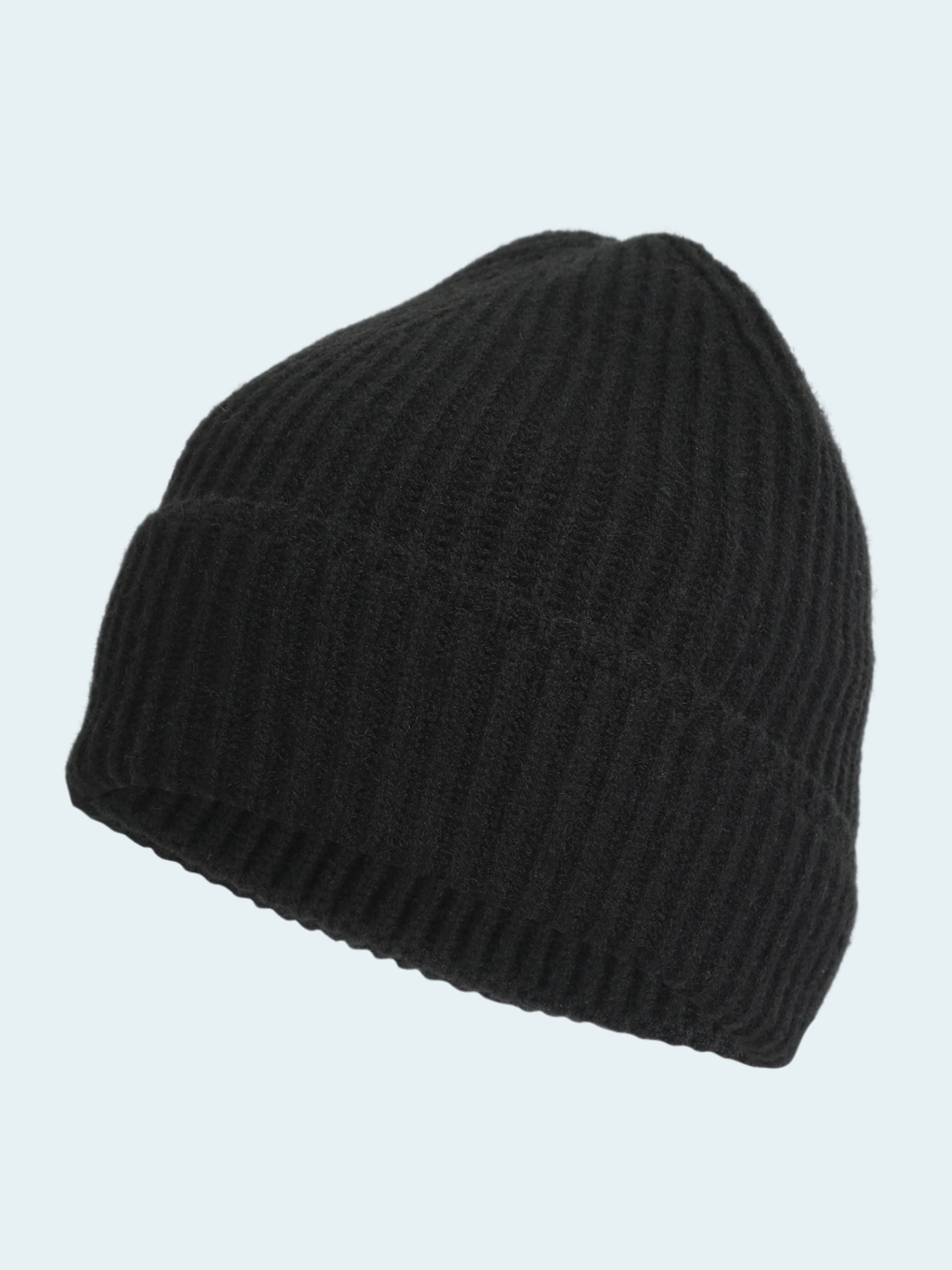 Black knit beanie on a white background