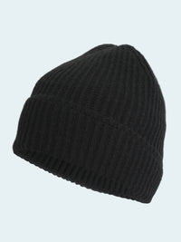 Black knit beanie on a white background