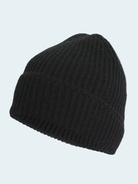 Black knit beanie on a white background