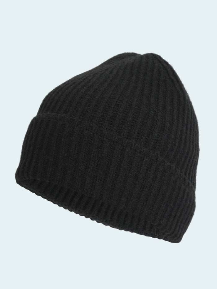 Black knit beanie on a white background
