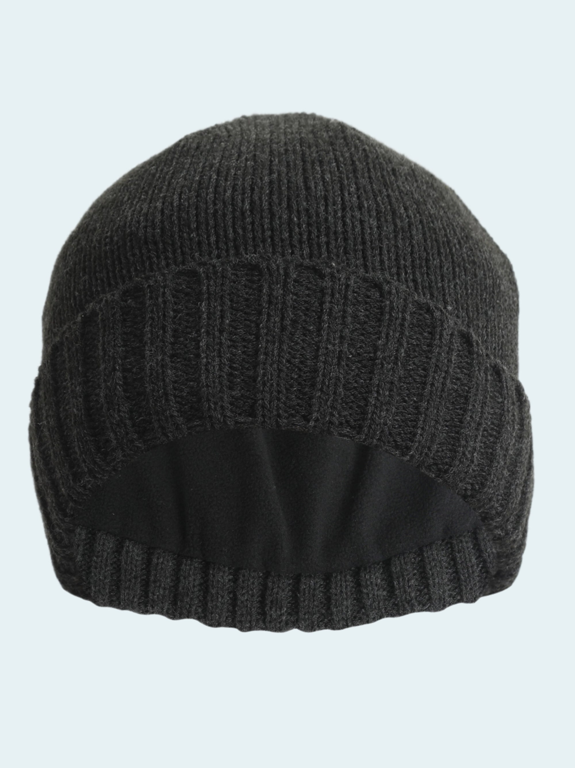 Dark gray knit beanie on a white background