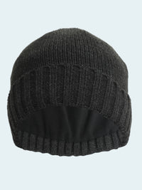 Dark gray knit beanie on a white background