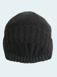 Dark gray knit beanie on a white background