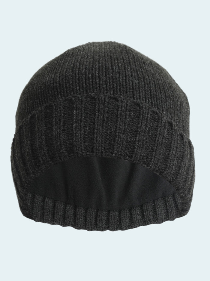 Dark gray knit beanie on a white background