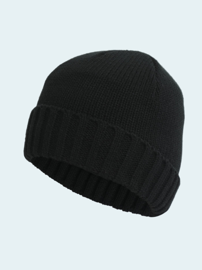 Black knit beanie on a white background