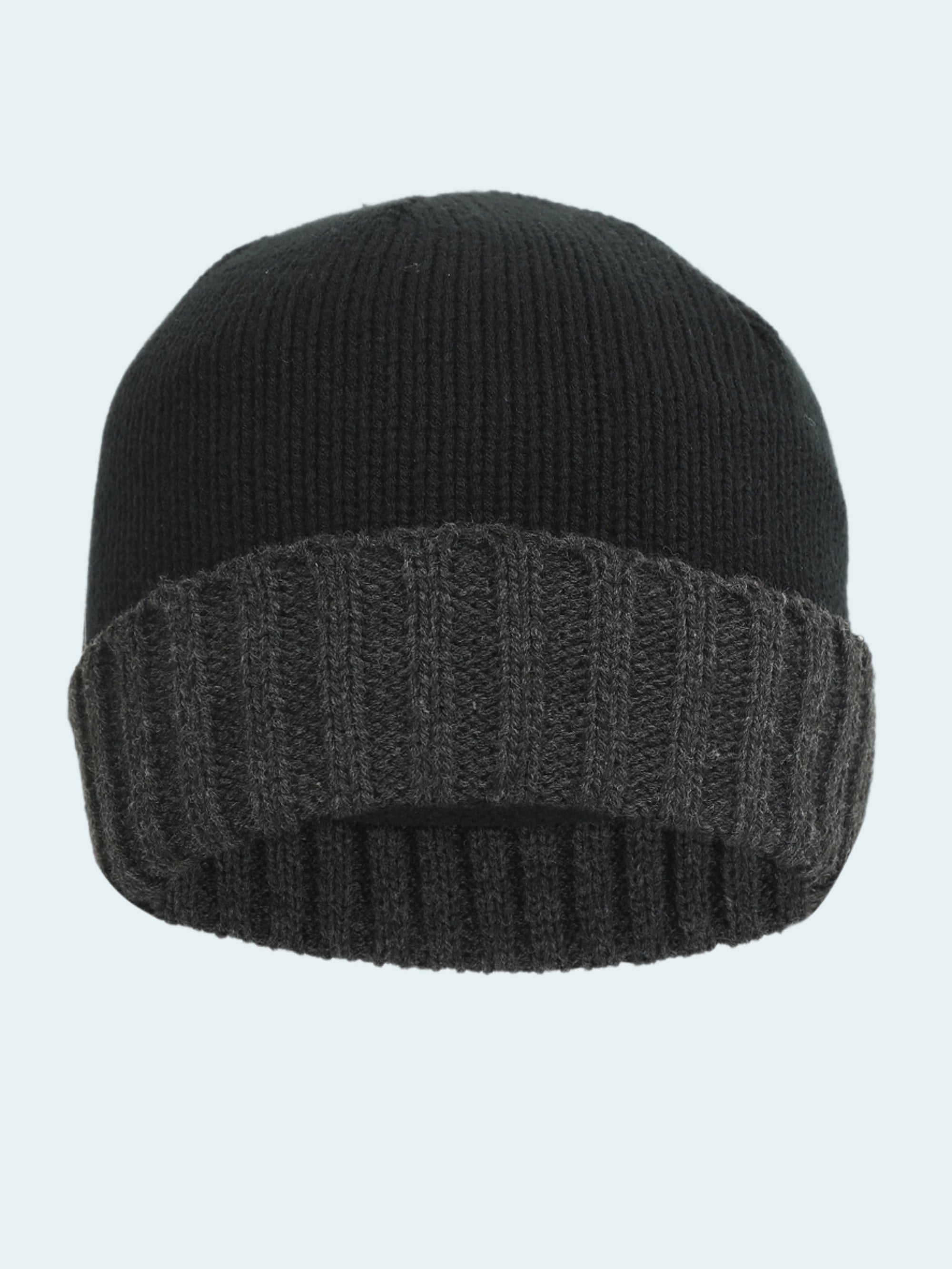 Black knit beanie with ribbed texture on a white background