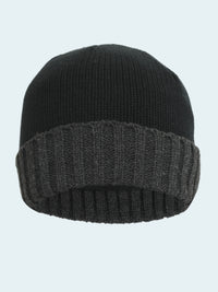 Black knit beanie with ribbed texture on a white background