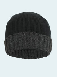 Black knit beanie with ribbed texture on a white background