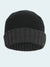 Black knit beanie with ribbed texture on a white background