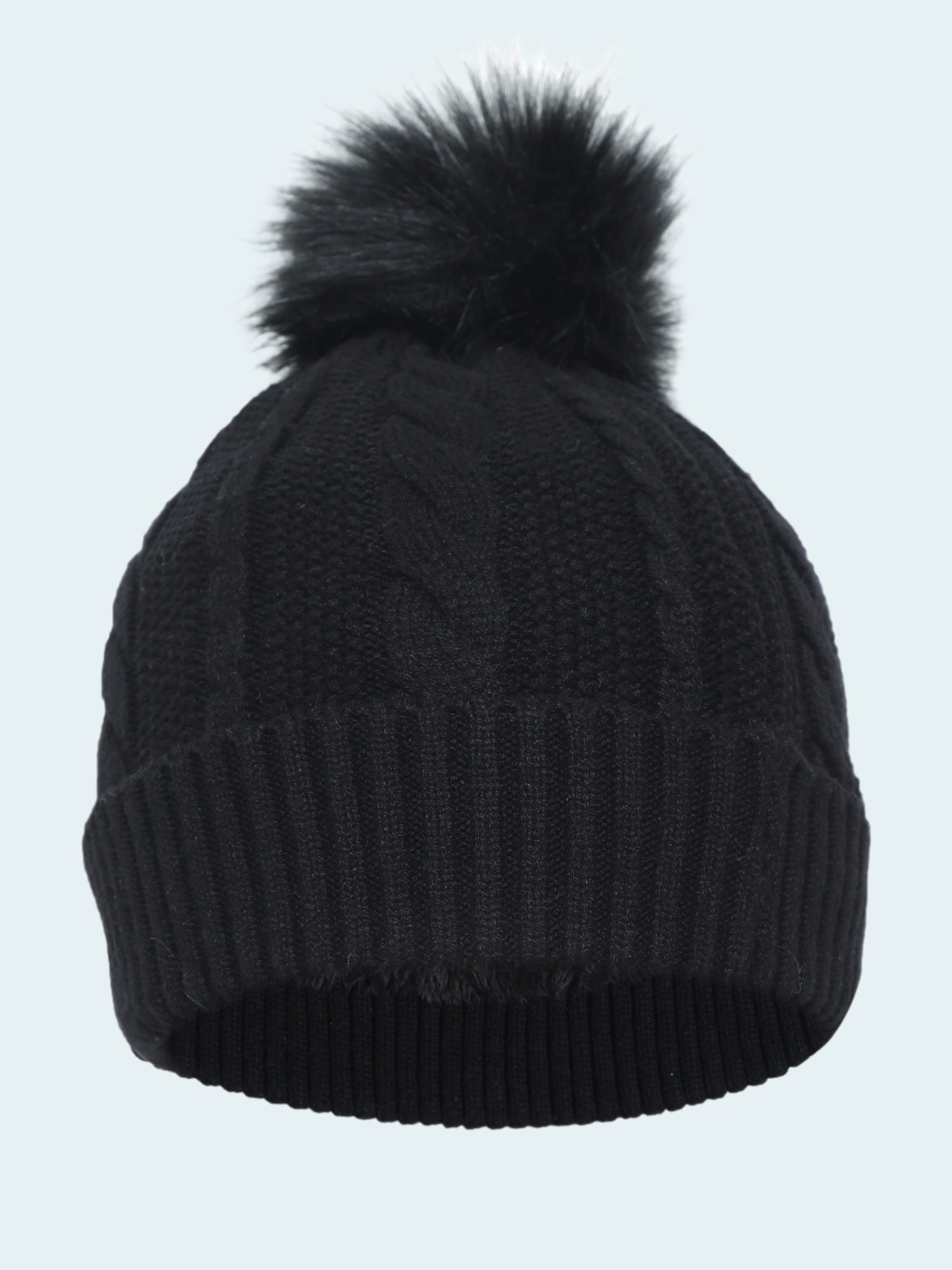 Black knit beanie with a pom-pom on a white background