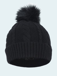 Black knit beanie with a pom-pom on a white background