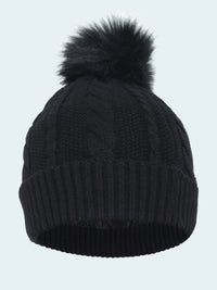 Black knit beanie with a pom-pom on a white background