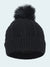 Black knit beanie with a pom-pom on a white background