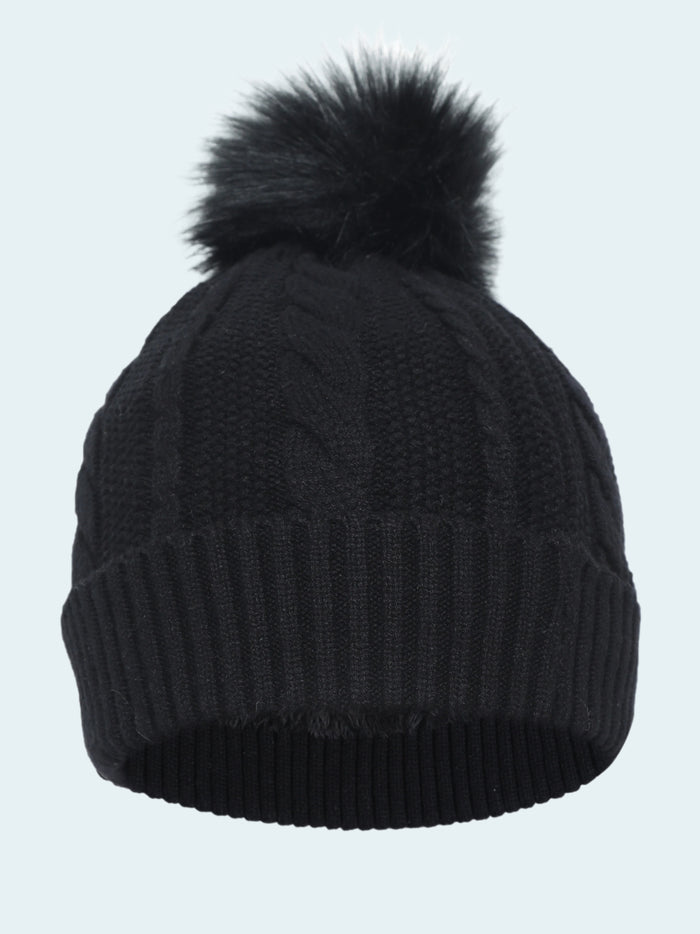 Black knit beanie with a pom-pom on a white background